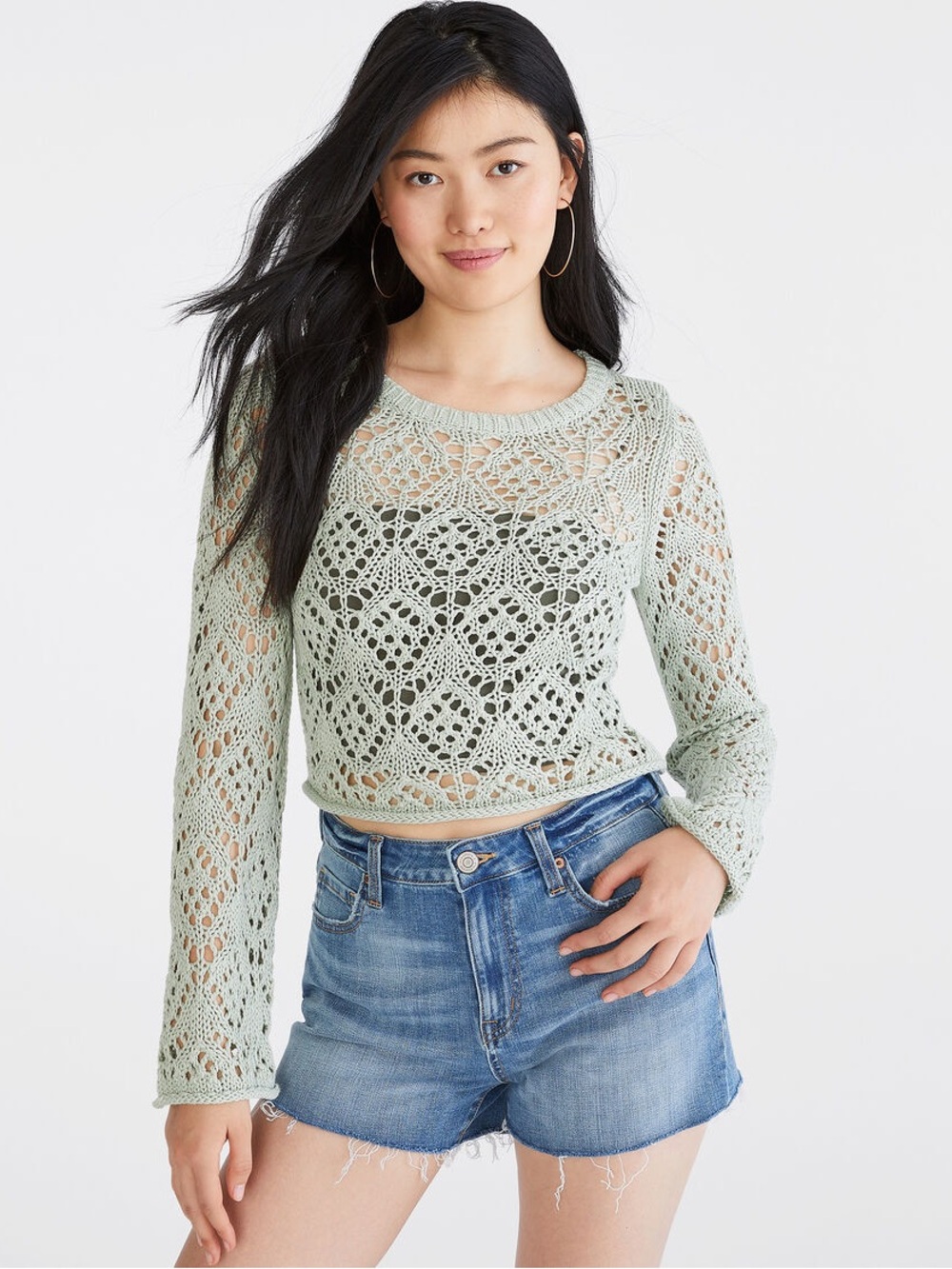Aeropostale Open Knit Cropped Sweater Medium Slim Fit Crew Neck Y2K